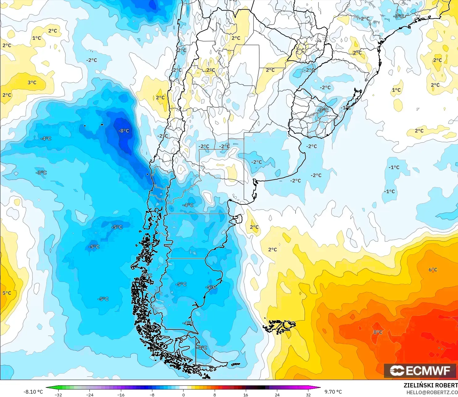ECMWF IFS 0.25° model - Arjantin, 850 hPa Sıcaklık Anomalisi