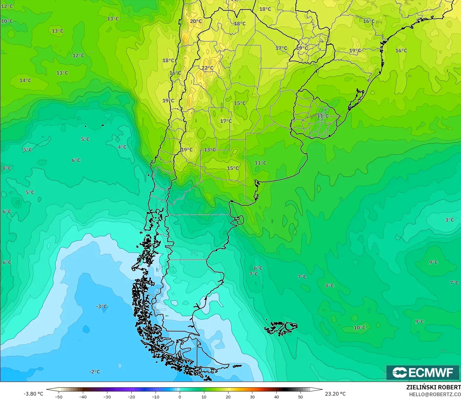 ECMWF IFS 0.25° model - Arjantin, 850 hPa Sıcaklık