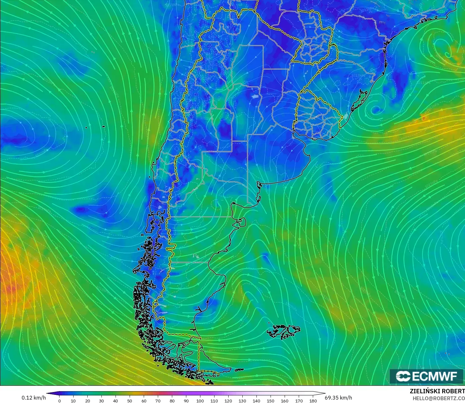ECMWF IFS 0.25° model - Arjantin, 10 m Rüzgâr