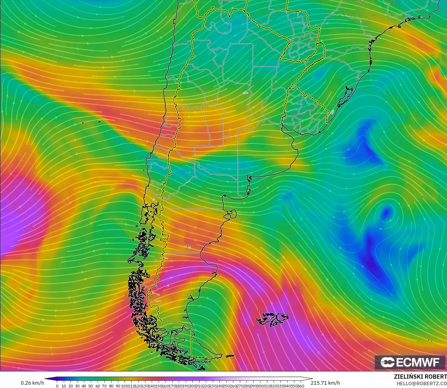 ECMWF IFS 0.25° model - Arjantin, 300 hPa Rüzgârı (jet)