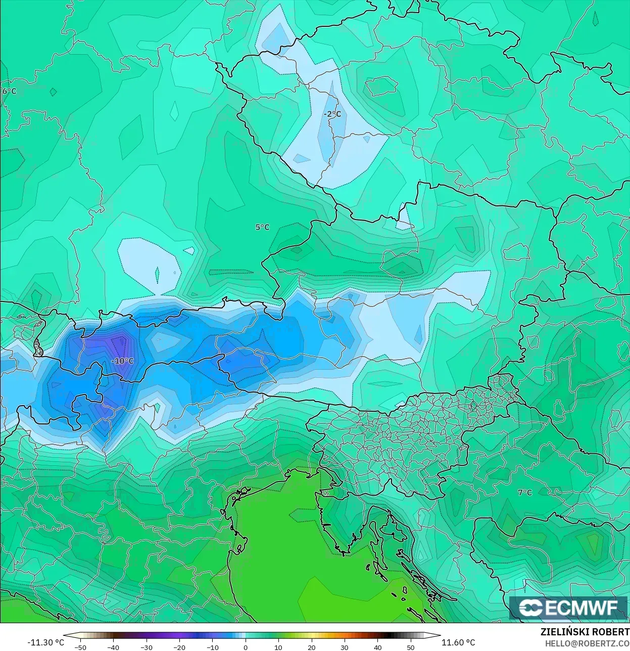 ECMWF IFS 0.25° model - Avusturya, 2 m Çiy Noktası
