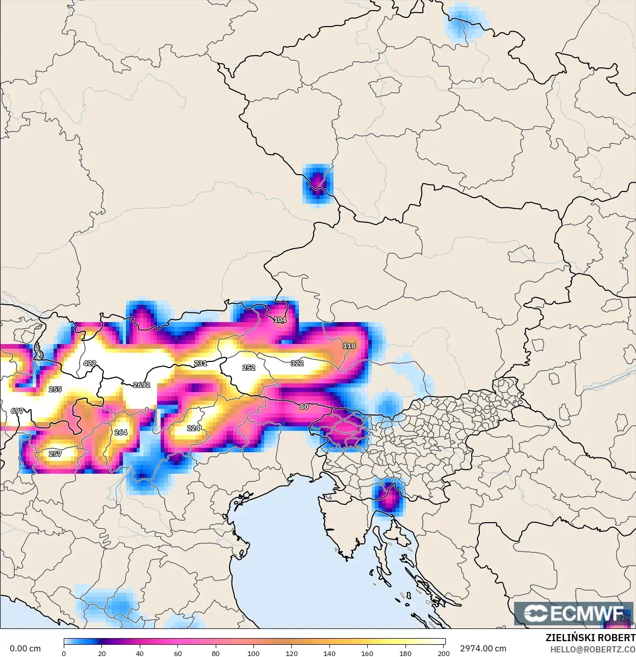 ECMWF IFS 0.25° model - Avusturya, Kar Kalınlığı