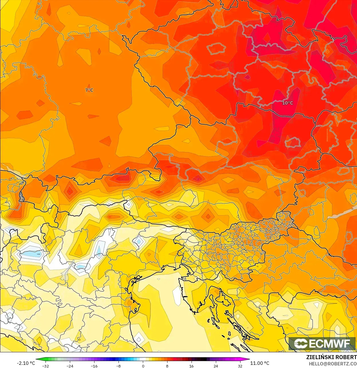 ECMWF IFS 0.25° model - Avusturya, 2 m Sıcaklık Anomalisi