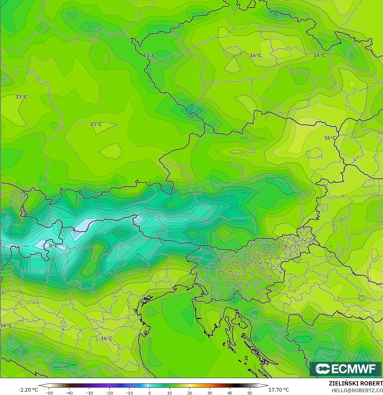 ECMWF IFS 0.25° model - Avusturya, 2 m Sıcaklık