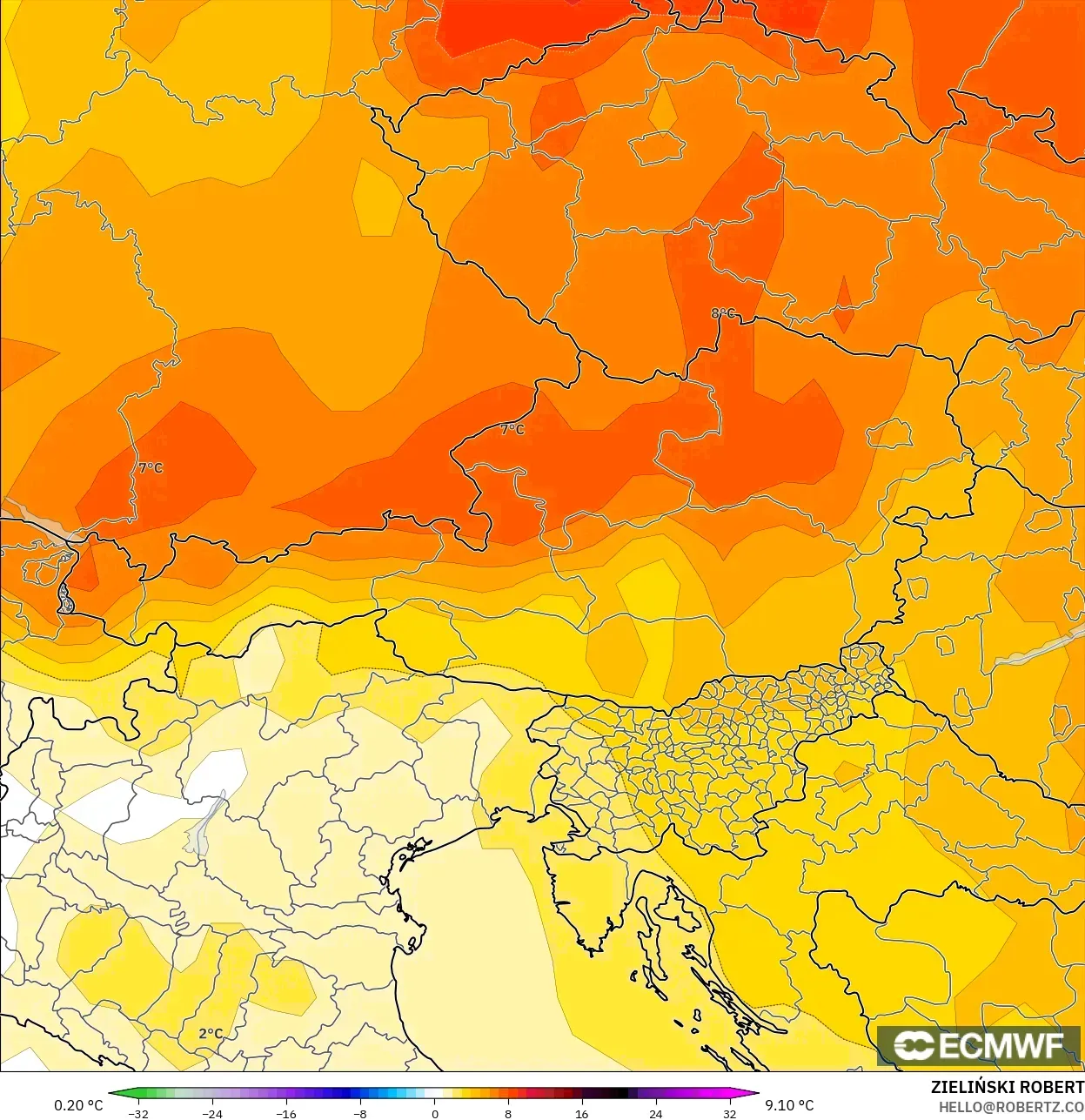 ECMWF IFS 0.25° model - Avusturya, 850 hPa Sıcaklık Anomalisi