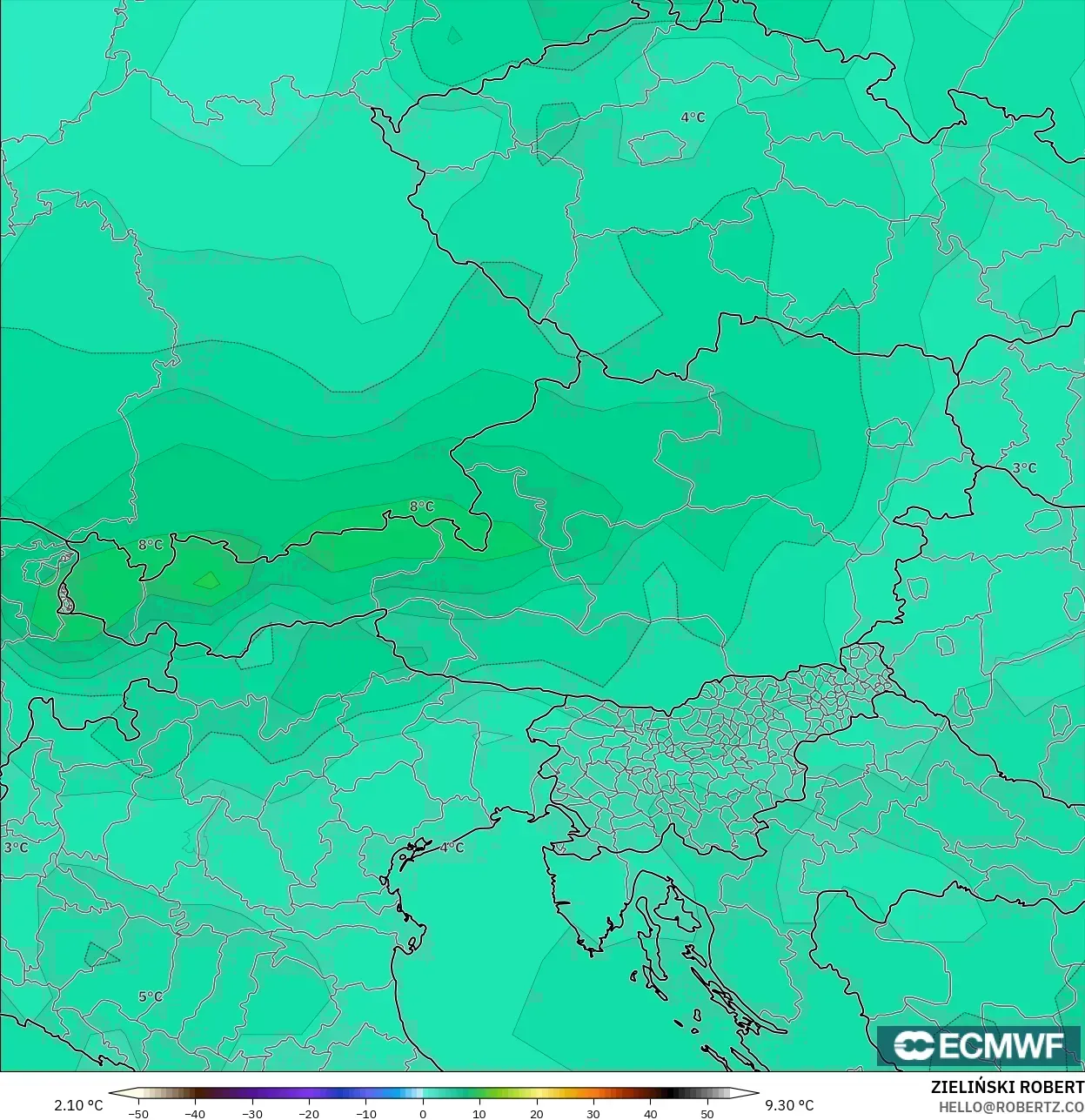 ECMWF IFS 0.25° model - Avusturya, 850 hPa Sıcaklık