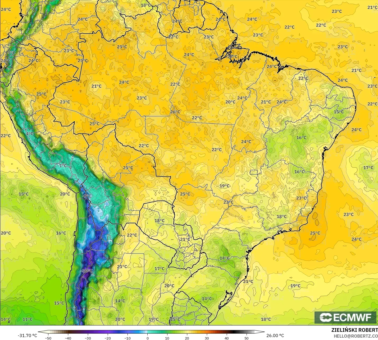 ECMWF IFS 0.25° model - Brezilya, 2 m Çiy Noktası