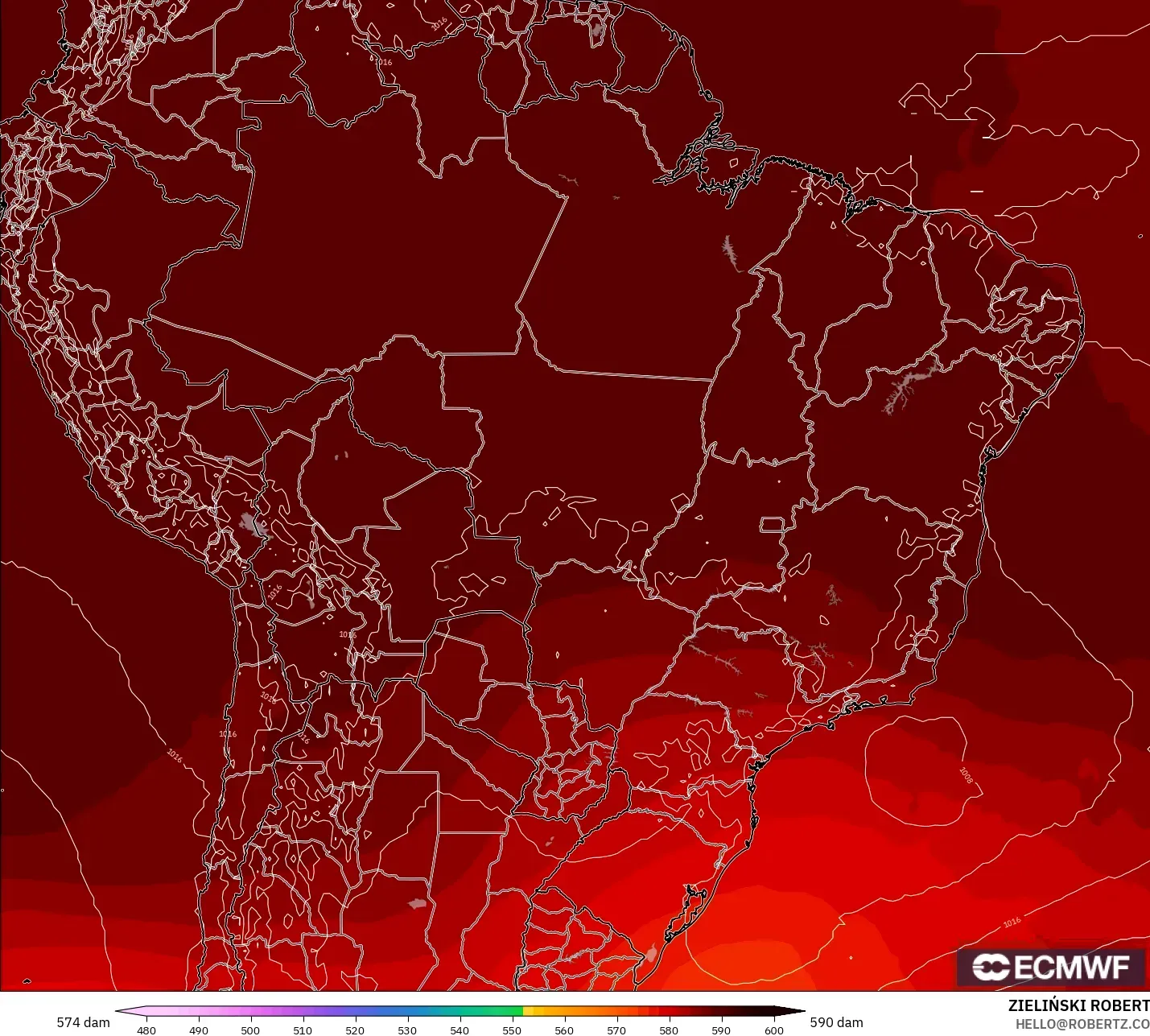 ECMWF IFS 0.25° model - Brezilya, 500 hPa’da jeopotansiyel yükseklik