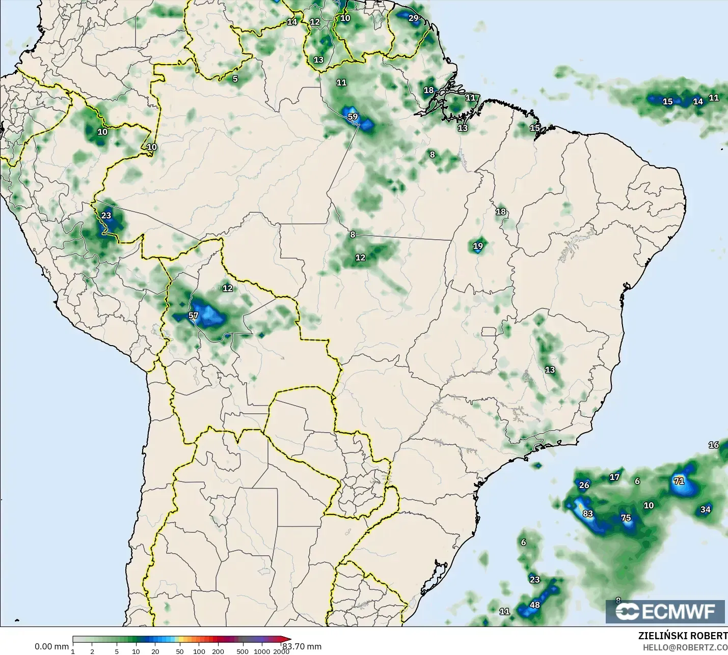 ECMWF IFS 0.25° model - Brezilya, Yağış Birikimi