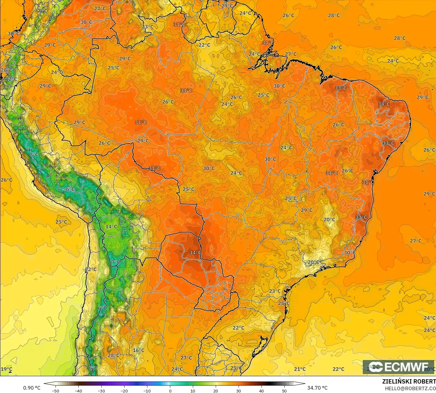 ECMWF IFS 0.25° model - Brezilya, 2 m Sıcaklık