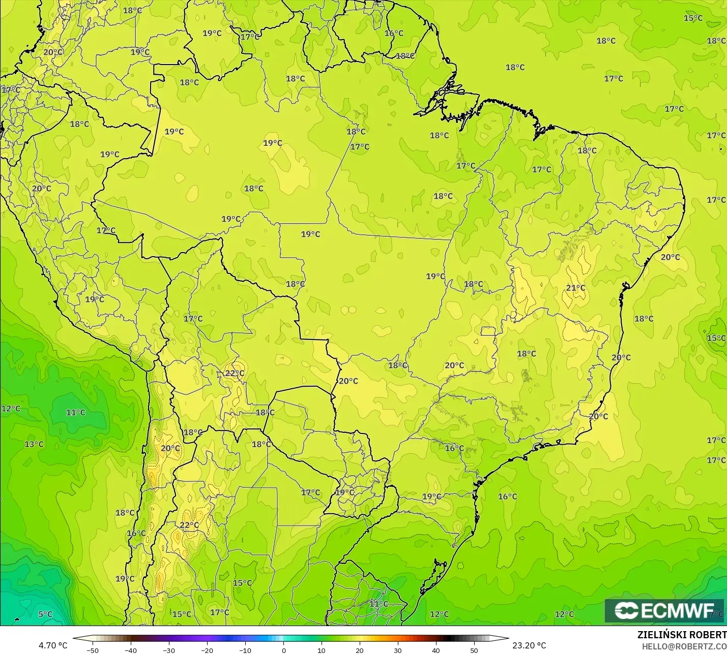 ECMWF IFS 0.25° model - Brezilya, 850 hPa Sıcaklık