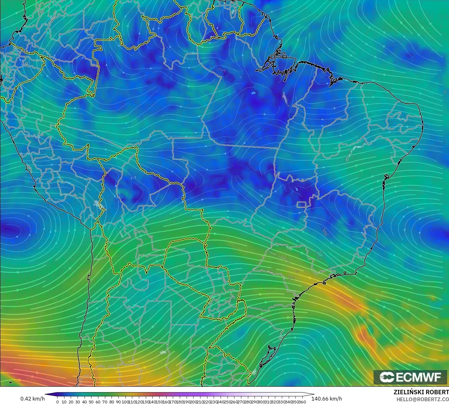 ECMWF IFS 0.25° model - Brezilya, 300 hPa Rüzgârı (jet)