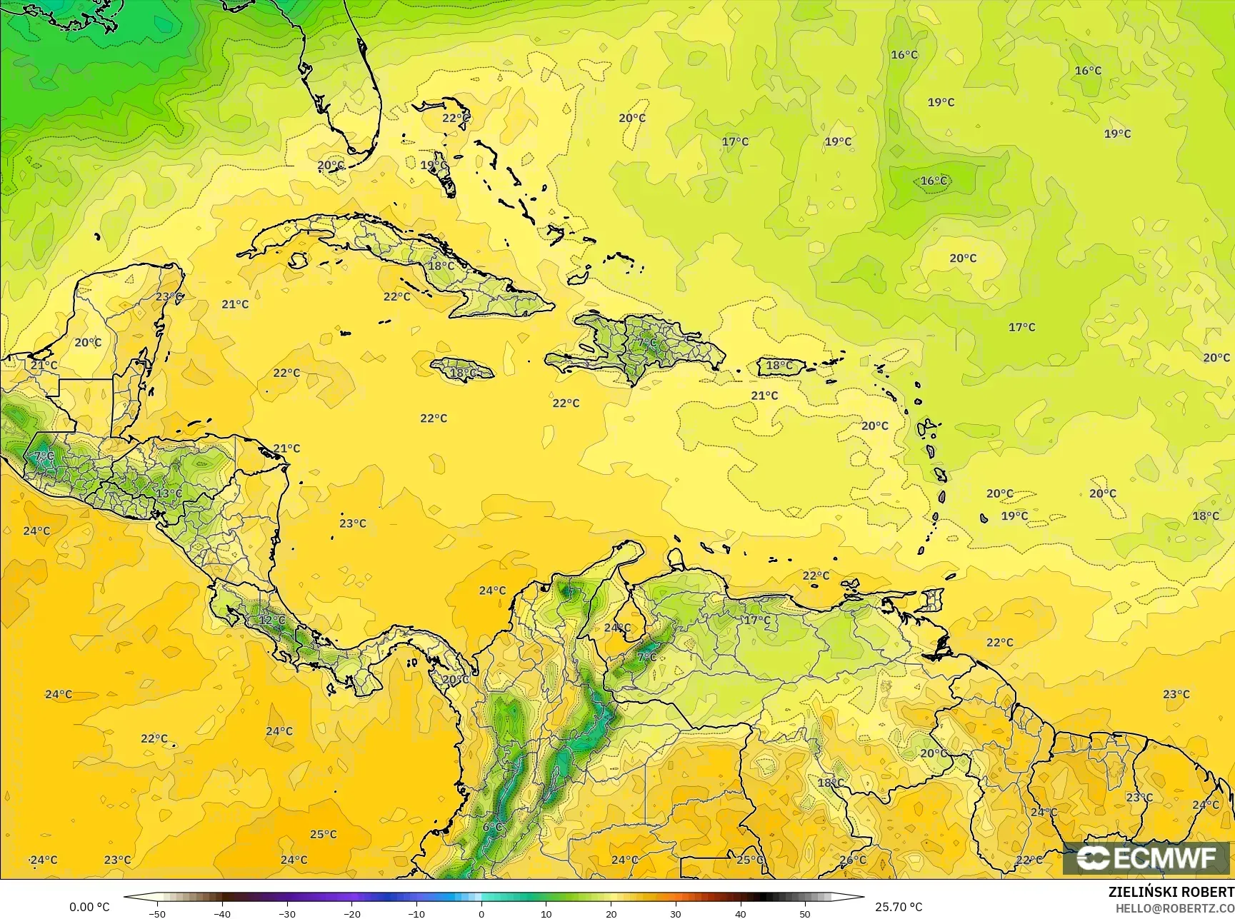 ECMWF IFS 0.25° model - Karayipler, 2 m Çiy Noktası