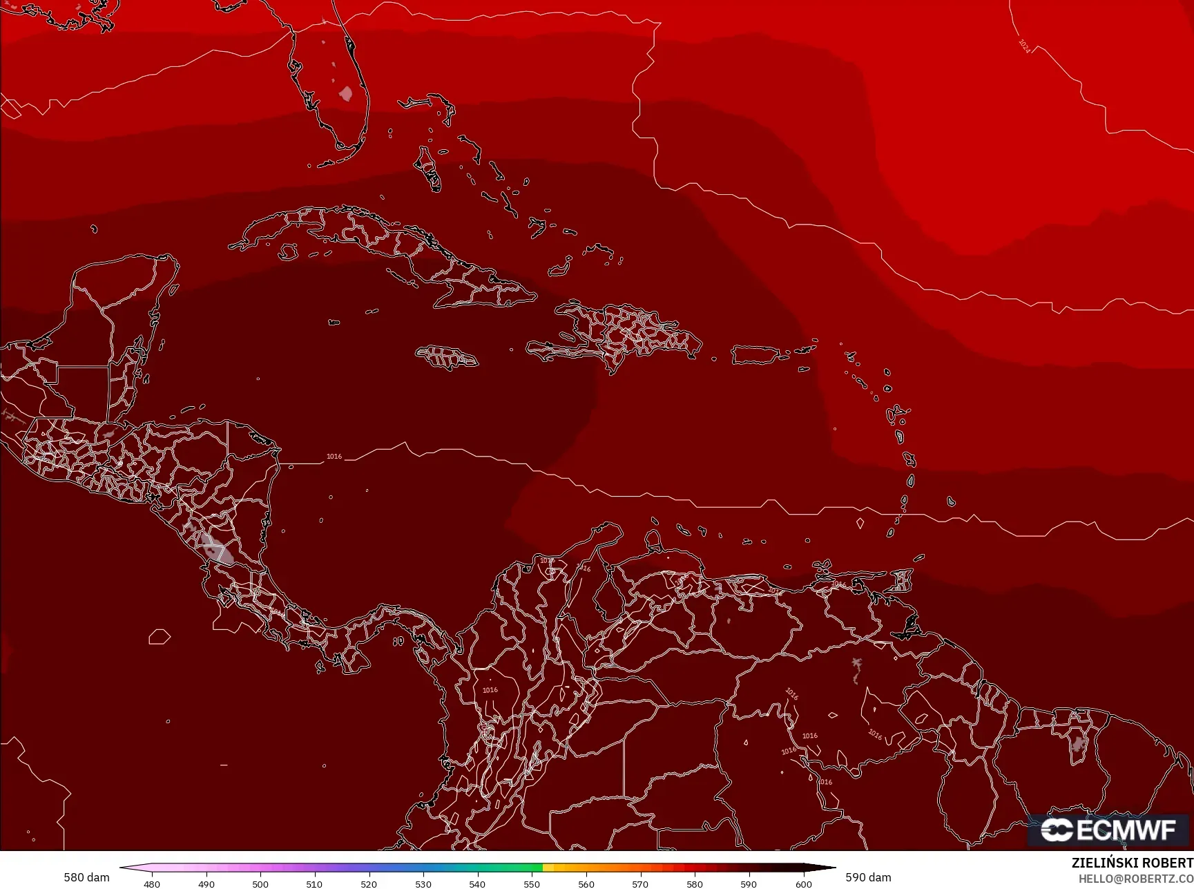 ECMWF IFS 0.25° model - Karayipler, 500 hPa’da jeopotansiyel yükseklik