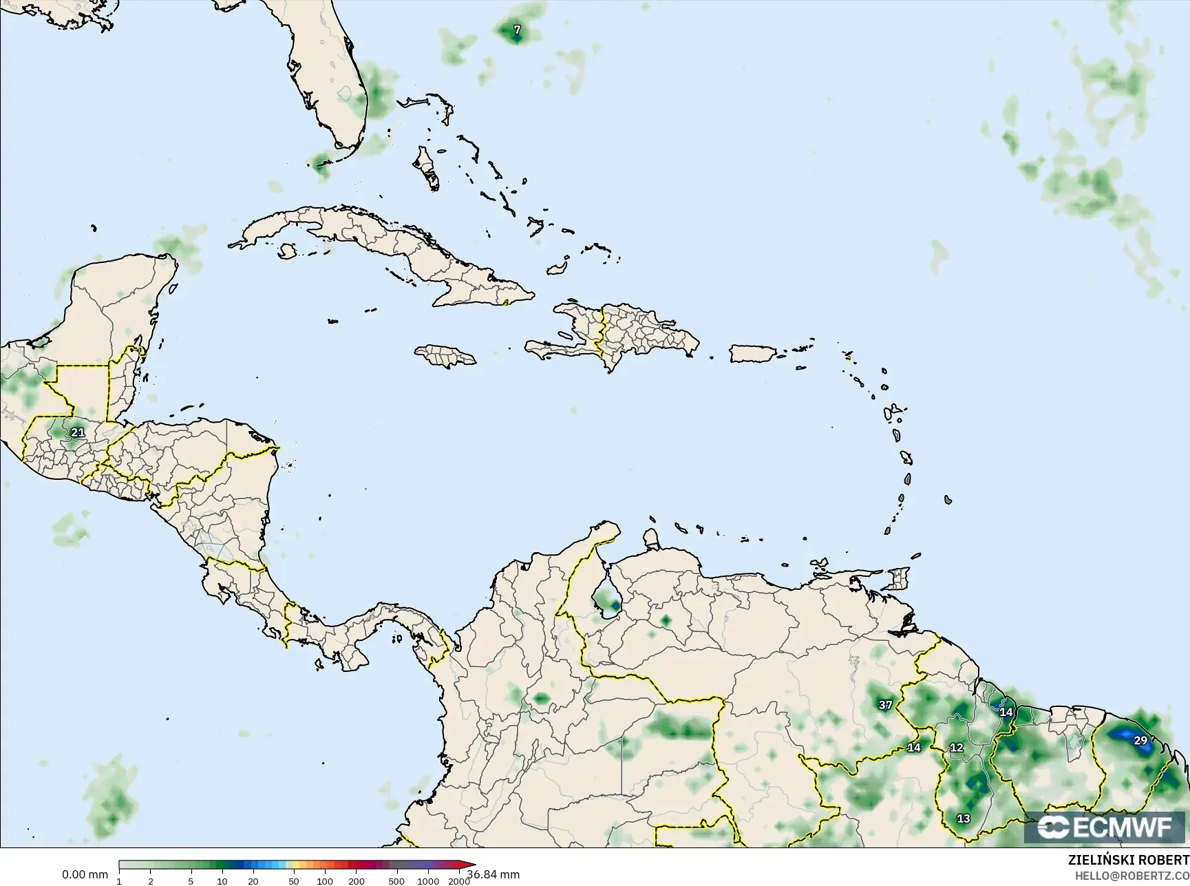 ECMWF IFS 0.25° model - Karayipler, Yağış Birikimi