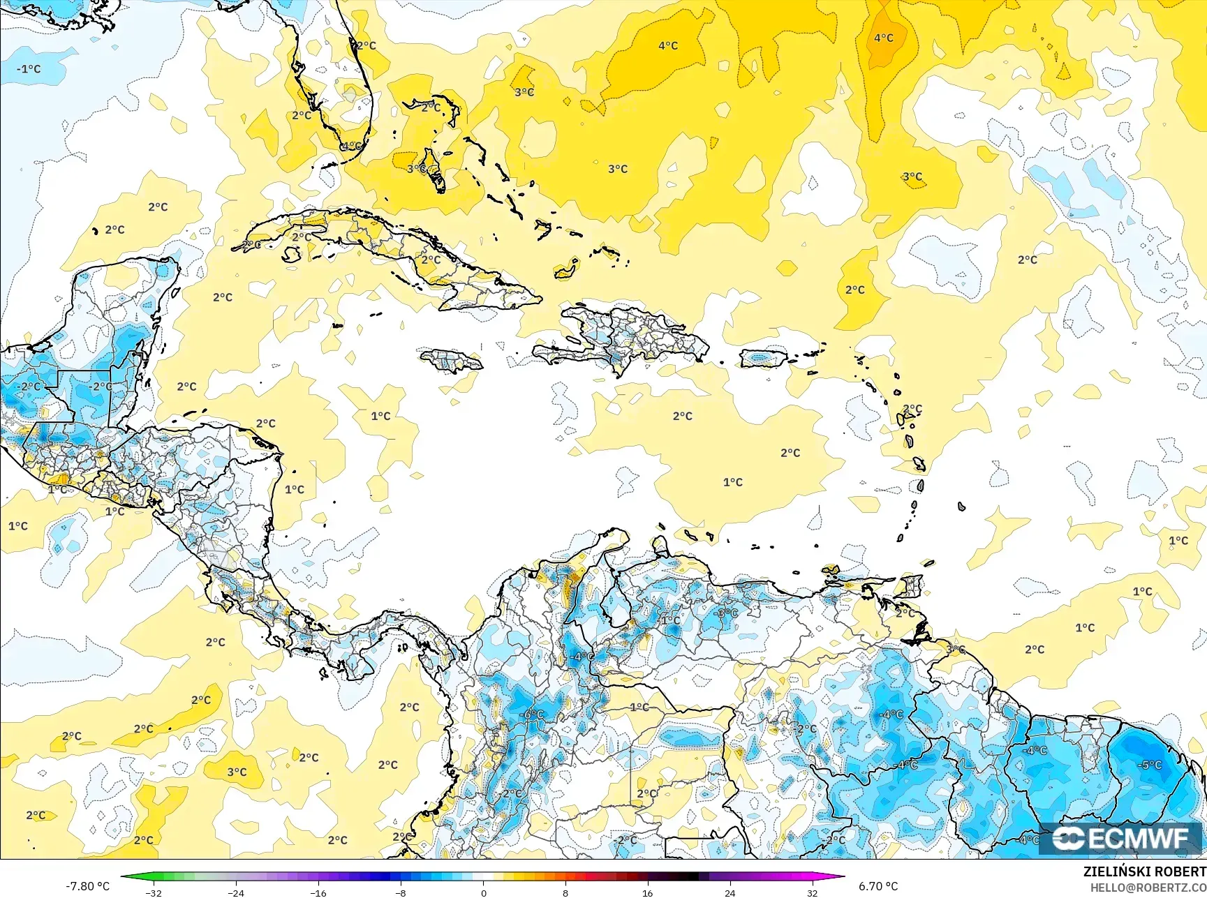 ECMWF IFS 0.25° model - Karayipler, 2 m Sıcaklık Anomalisi