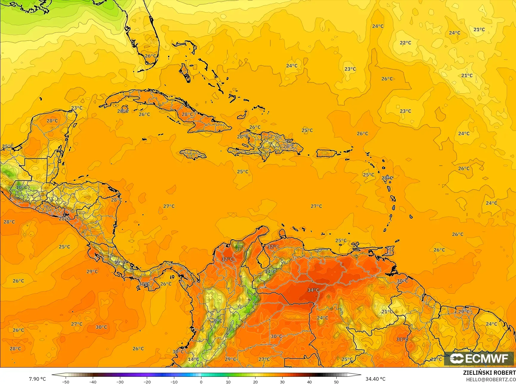 ECMWF IFS 0.25° model - Karayipler, 2 m Sıcaklık