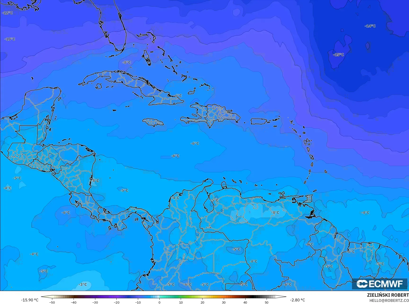 ECMWF IFS 0.25° model - Karayipler, 500 hPa Sıcaklık