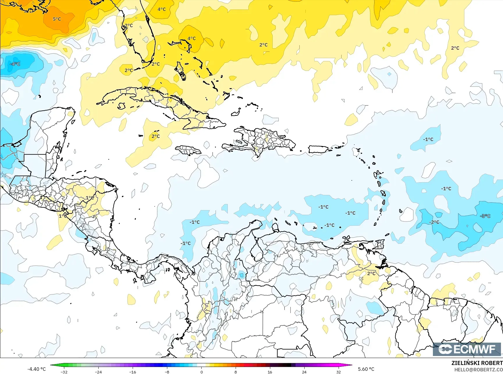 ECMWF IFS 0.25° model - Karayipler, 850 hPa Sıcaklık Anomalisi