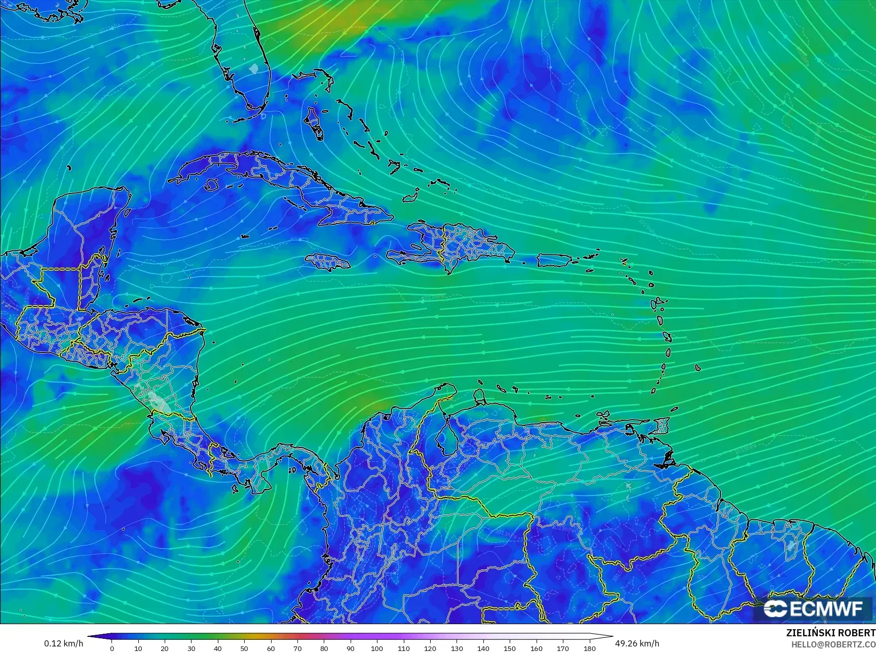 ECMWF IFS 0.25° model - Karayipler, 10 m Rüzgâr