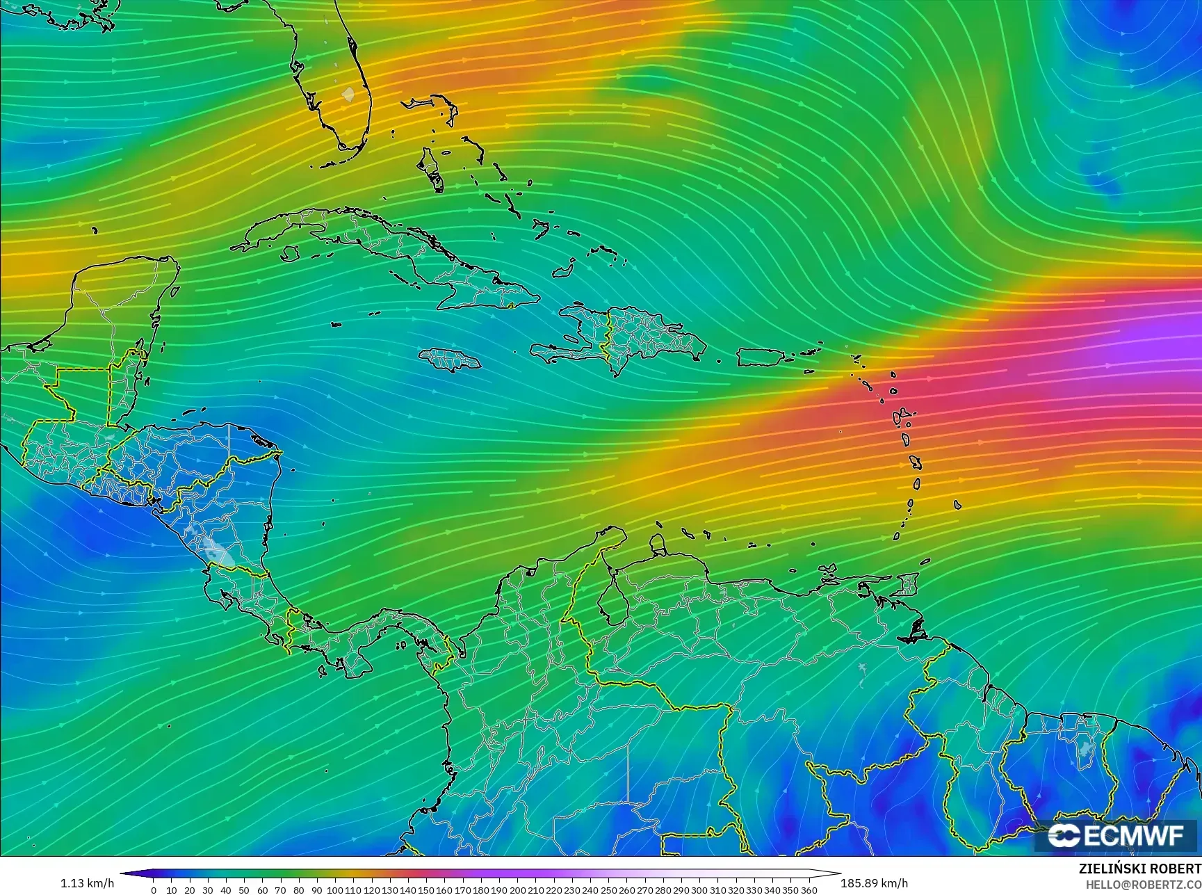 ECMWF IFS 0.25° model - Karayipler, 300 hPa Rüzgârı (jet)