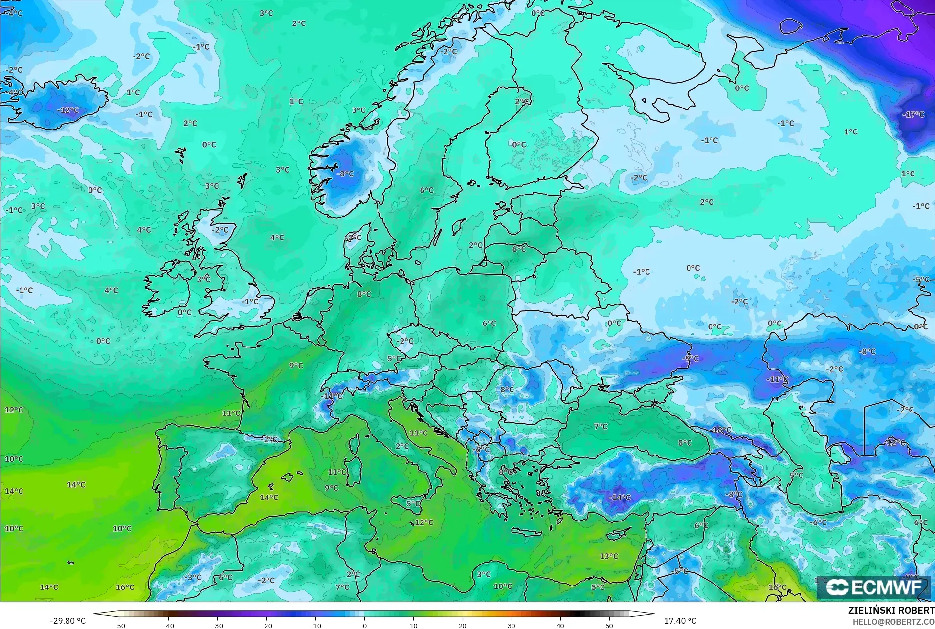 ECMWF IFS 0.25° model - Avrupa, 2 m Çiy Noktası
