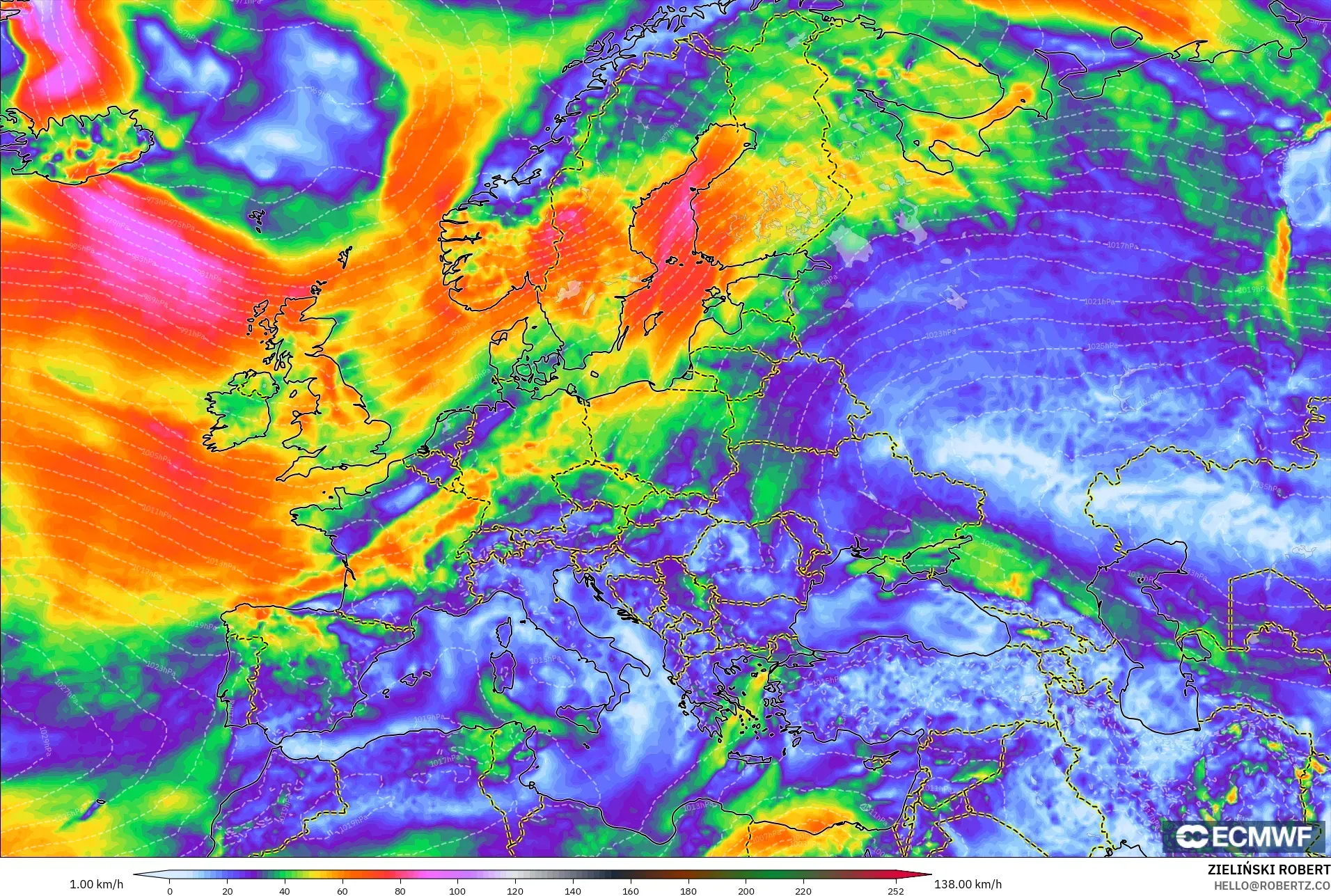 ECMWF IFS 0.25° model - Avrupa, En Yüksek Rüzgâr