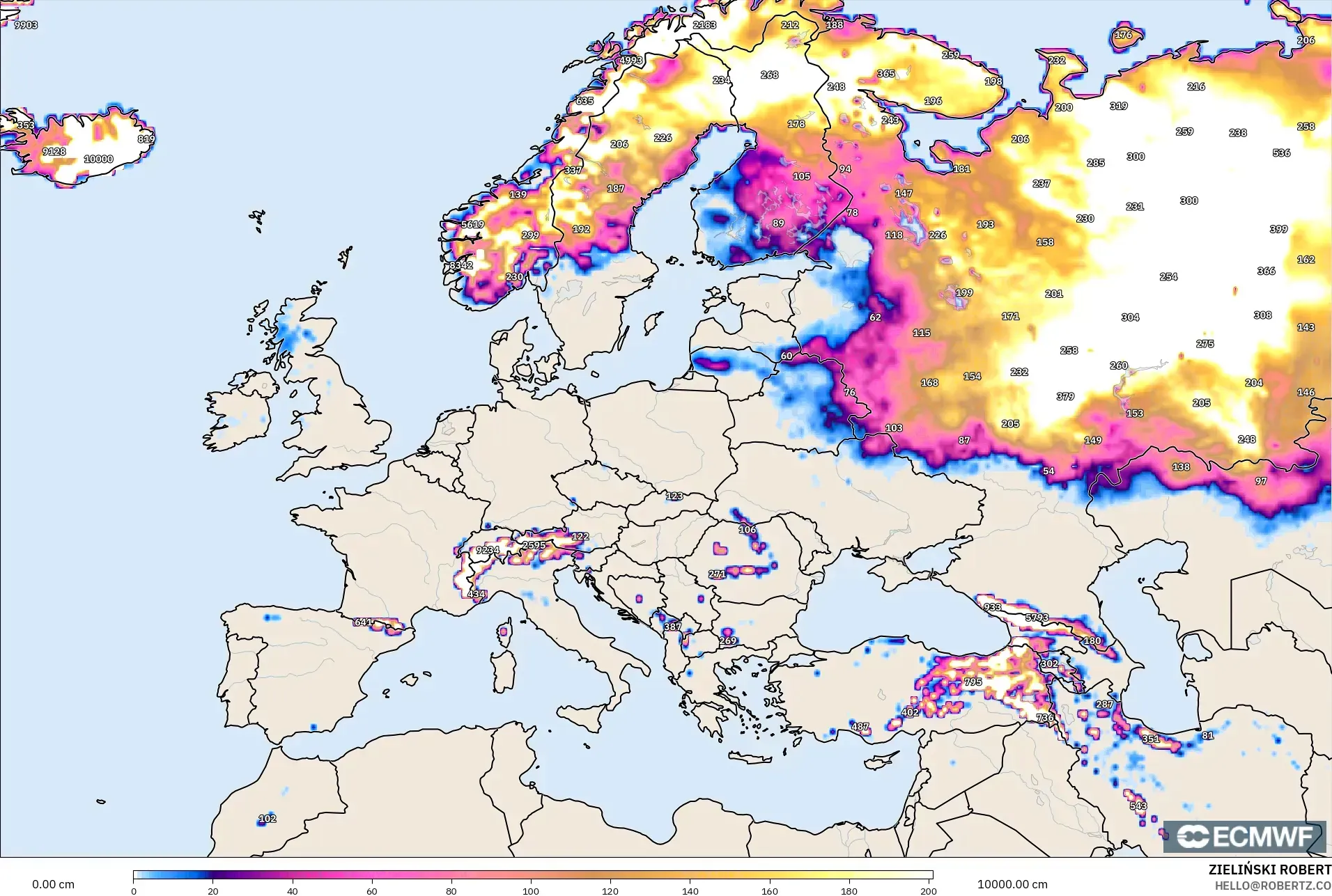 ECMWF IFS 0.25° model - Avrupa, Kar Kalınlığı