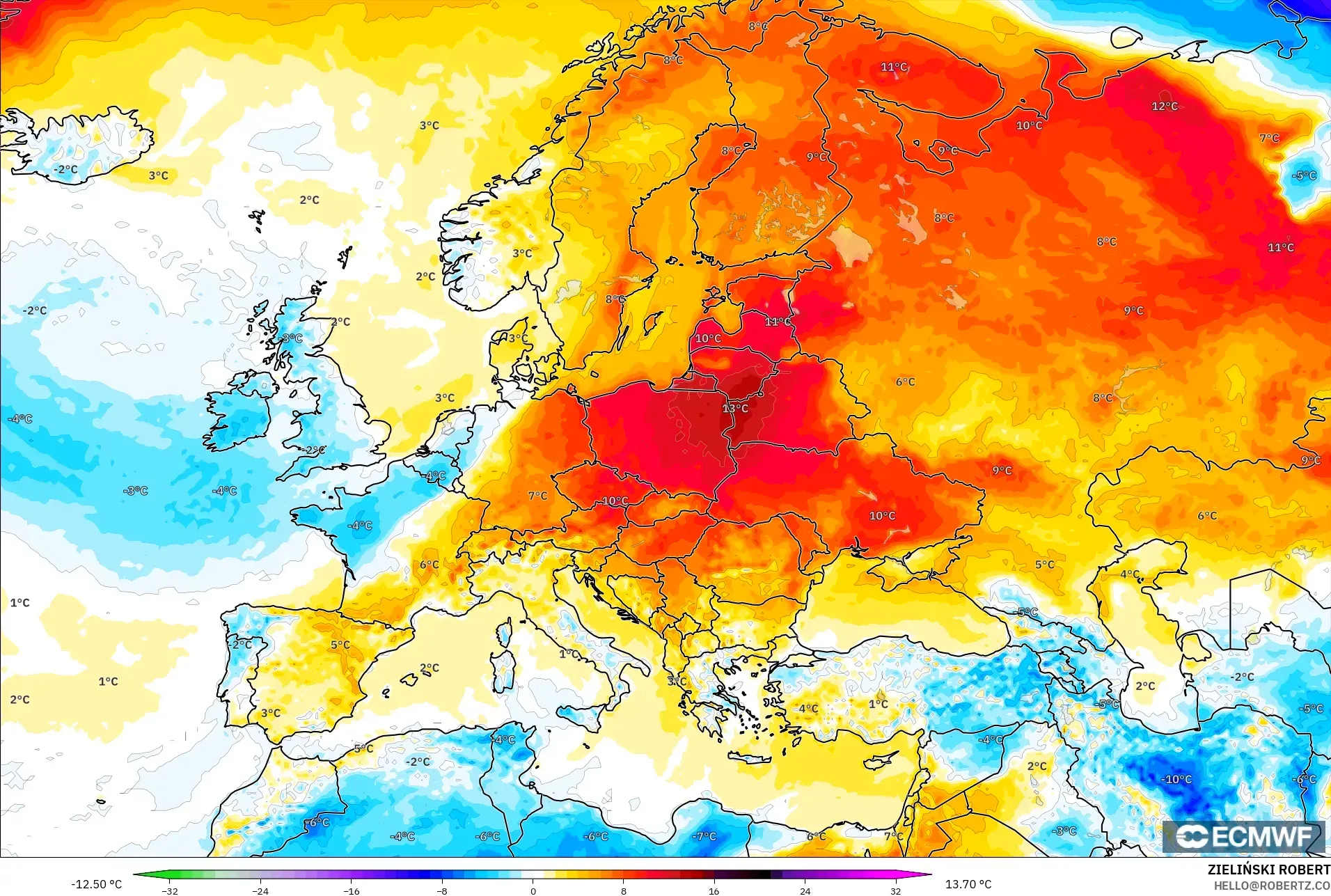 ECMWF IFS 0.25° model - Avrupa, 2 m Sıcaklık Anomalisi
