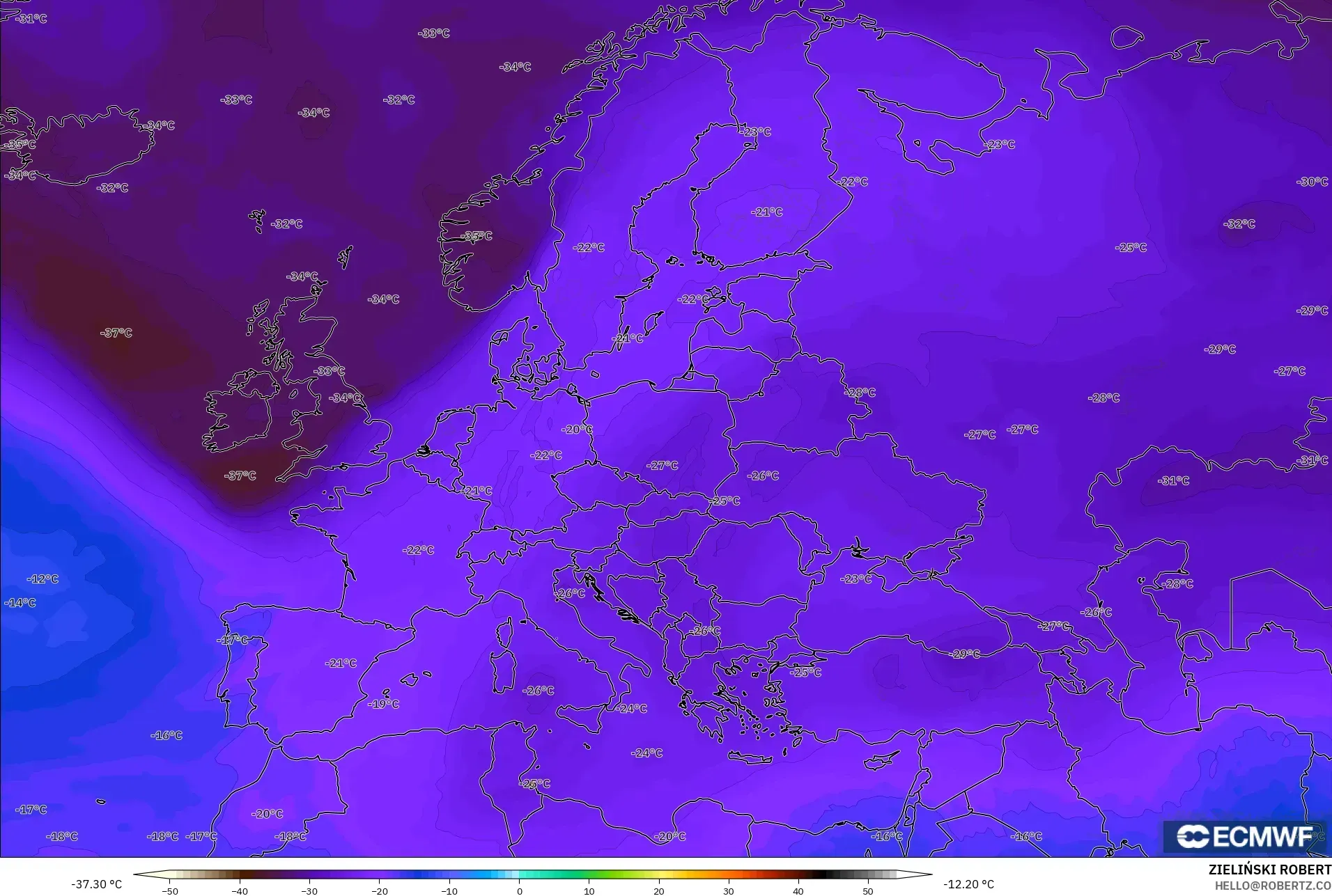 ECMWF IFS 0.25° model - Avrupa, 500 hPa Sıcaklık