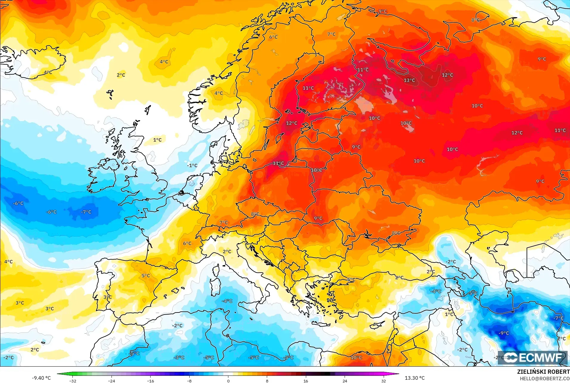 ECMWF IFS 0.25° model - Avrupa, 850 hPa Sıcaklık Anomalisi