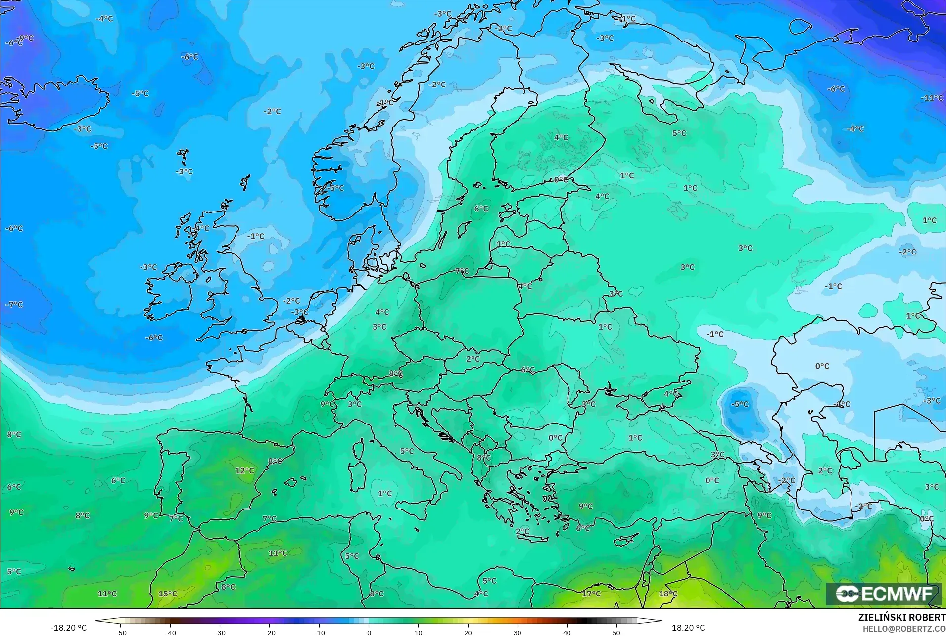 ECMWF IFS 0.25° model - Avrupa, 850 hPa Sıcaklık