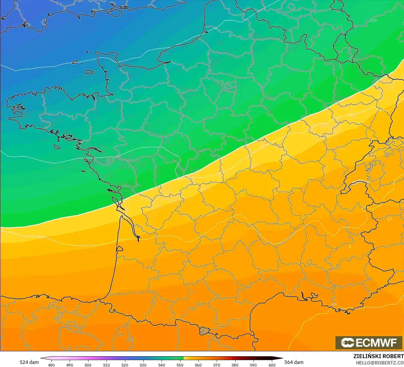 ECMWF IFS 0.25° model - Fransa, 500 hPa’da jeopotansiyel yükseklik