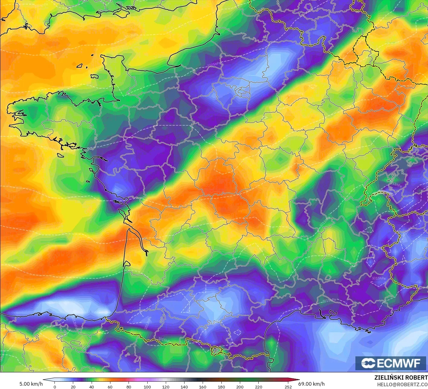 ECMWF IFS 0.25° model - Fransa, En Yüksek Rüzgâr