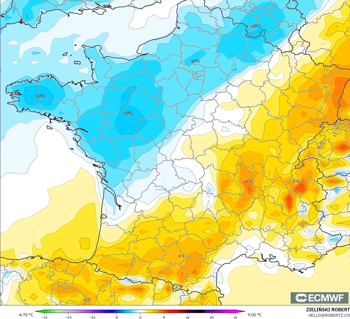 ECMWF IFS 0.25° model - Fransa, 2 m Sıcaklık Anomalisi