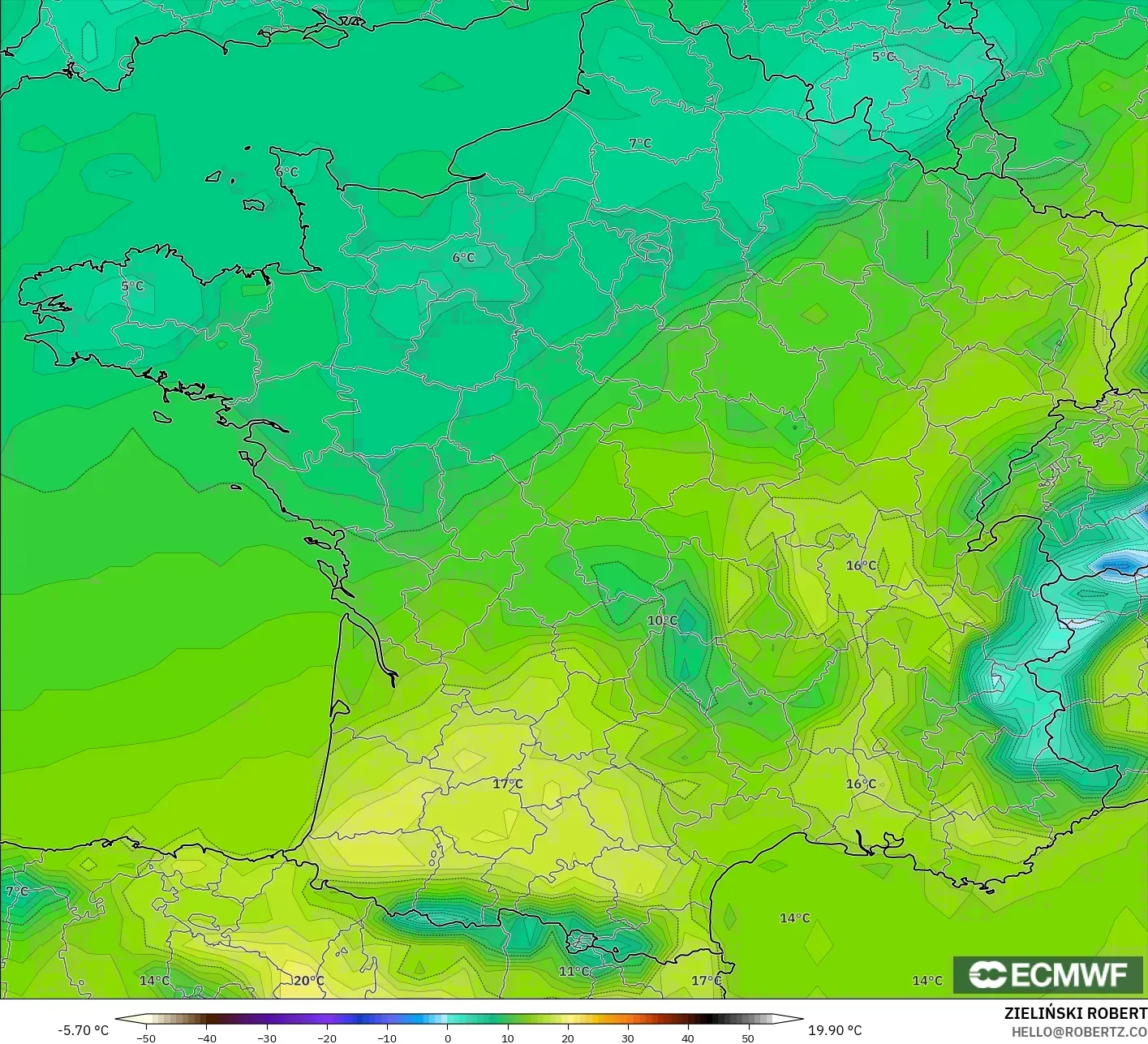 ECMWF IFS 0.25° model - Fransa, 2 m Sıcaklık