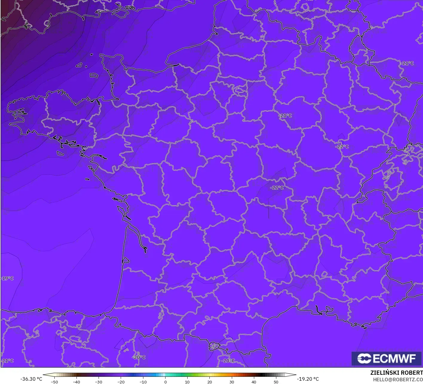 ECMWF IFS 0.25° model - Fransa, 500 hPa Sıcaklık