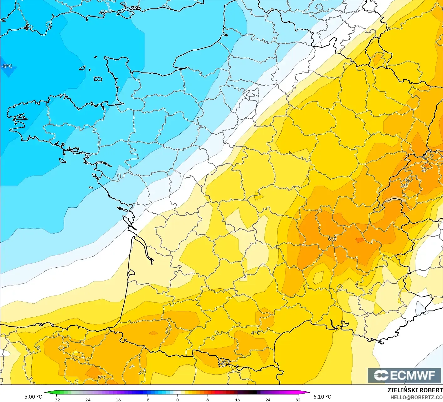 ECMWF IFS 0.25° model - Fransa, 850 hPa Sıcaklık Anomalisi
