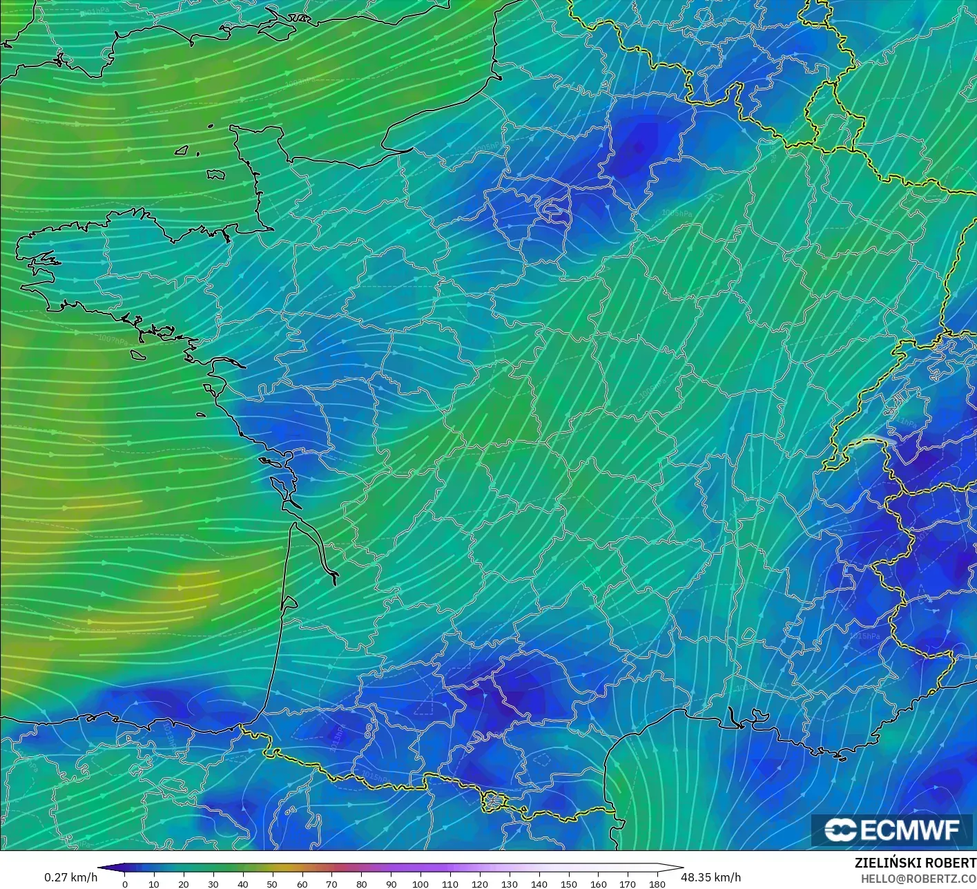 ECMWF IFS 0.25° model - Fransa, 10 m Rüzgâr