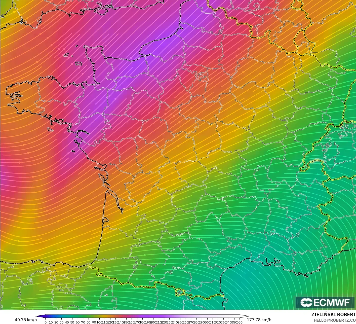 ECMWF IFS 0.25° model - Fransa, 300 hPa Rüzgârı (jet)