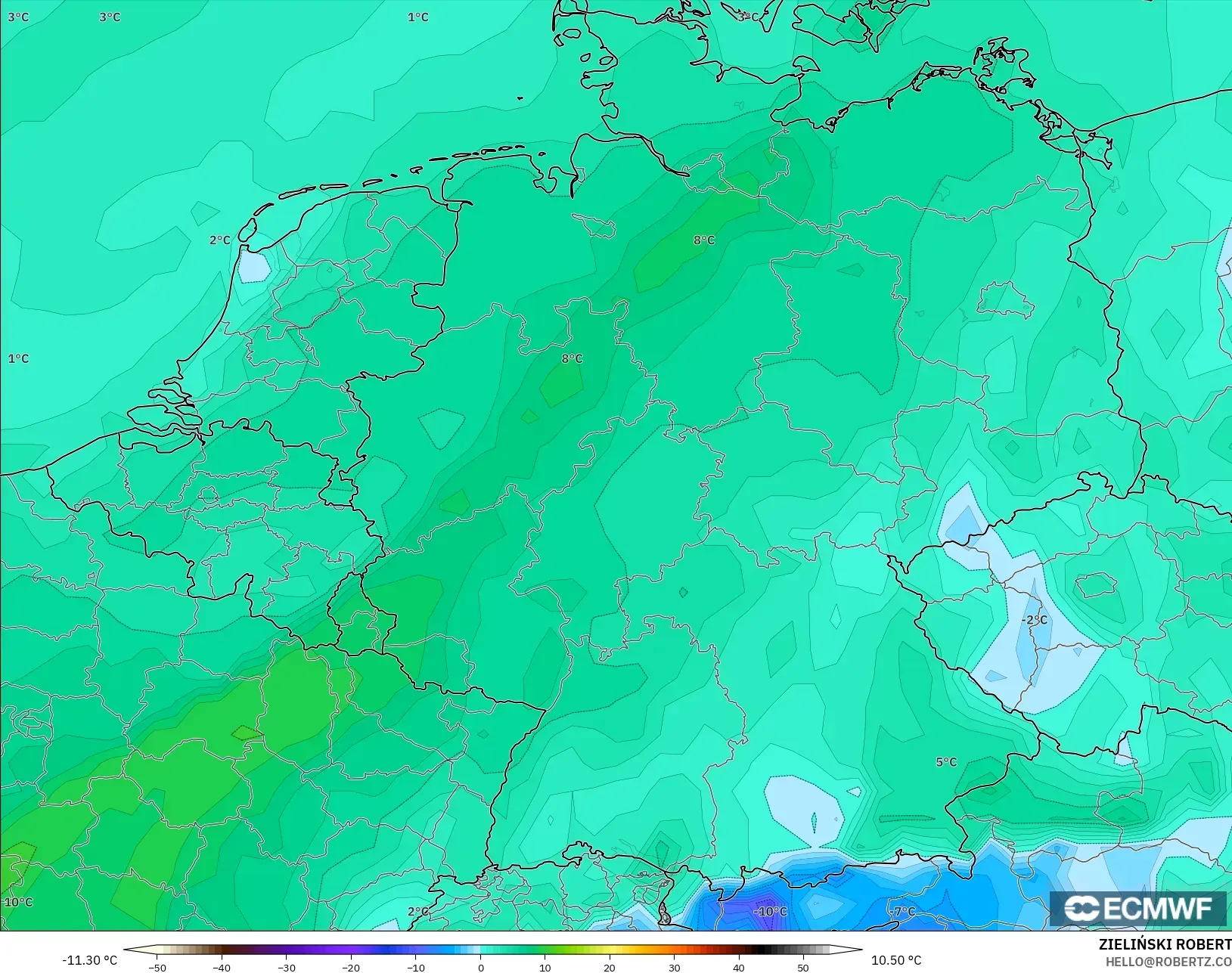 ECMWF IFS 0.25° model - Almanya, 2 m Çiy Noktası