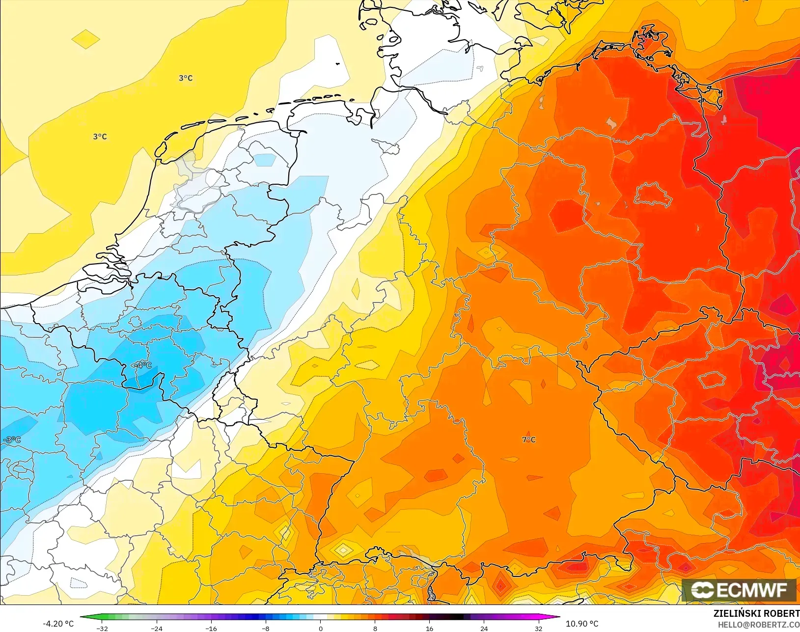 ECMWF IFS 0.25° model - Almanya, 2 m Sıcaklık Anomalisi
