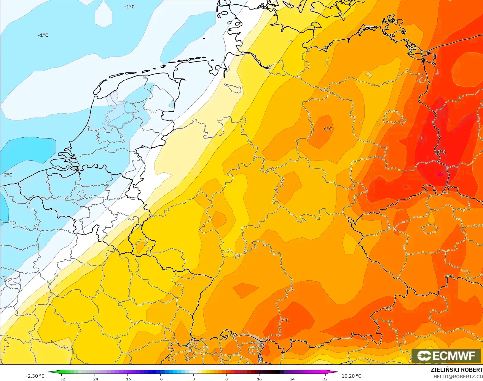 ECMWF IFS 0.25° model - Almanya, 850 hPa Sıcaklık Anomalisi