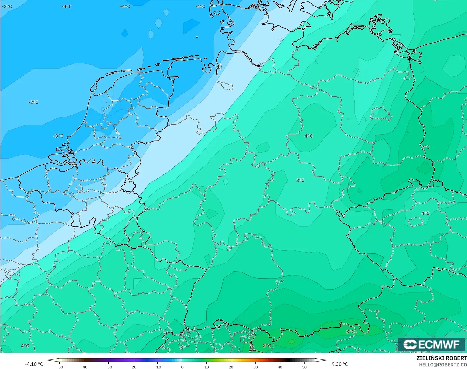 ECMWF IFS 0.25° model - Almanya, 850 hPa Sıcaklık