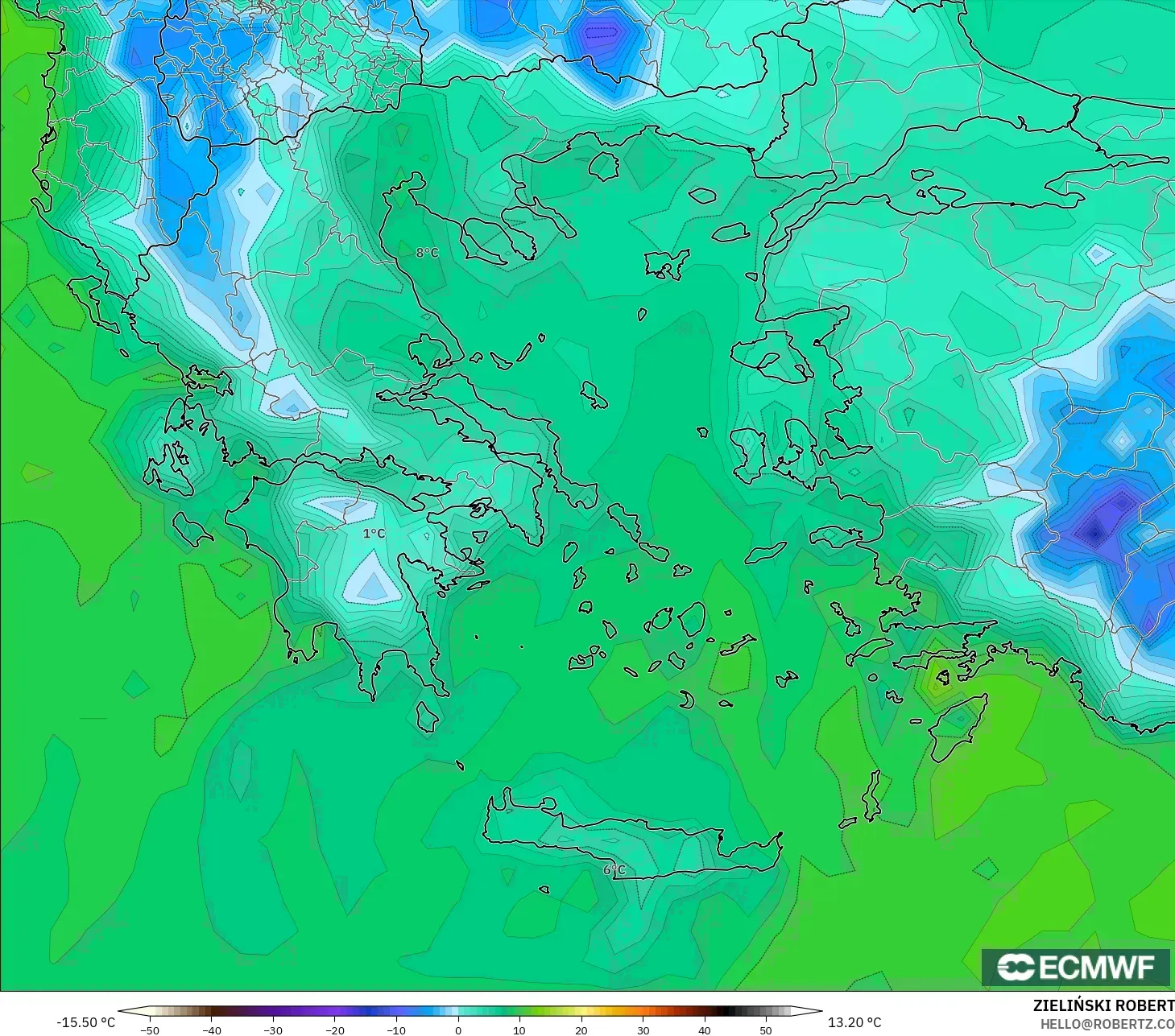 ECMWF IFS 0.25° model - Yunanistan, 2 m Çiy Noktası
