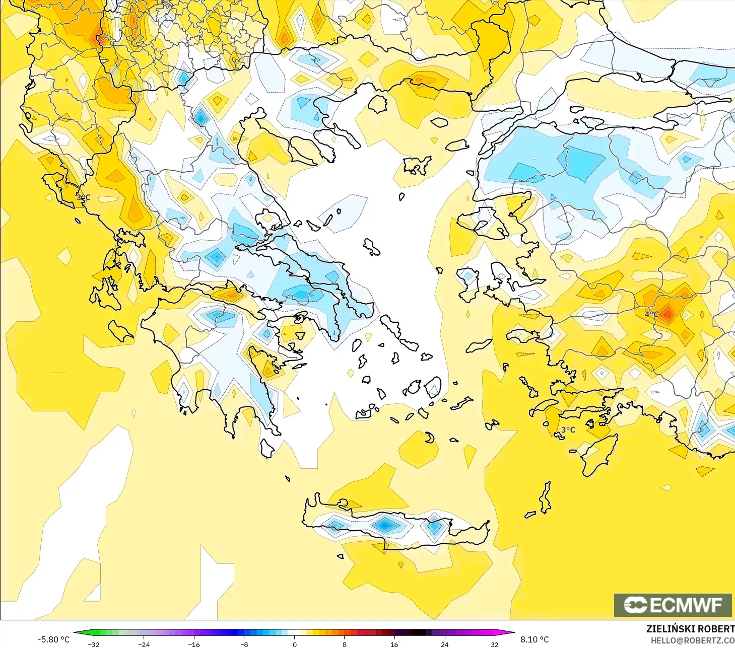 ECMWF IFS 0.25° model - Yunanistan, 2 m Sıcaklık Anomalisi