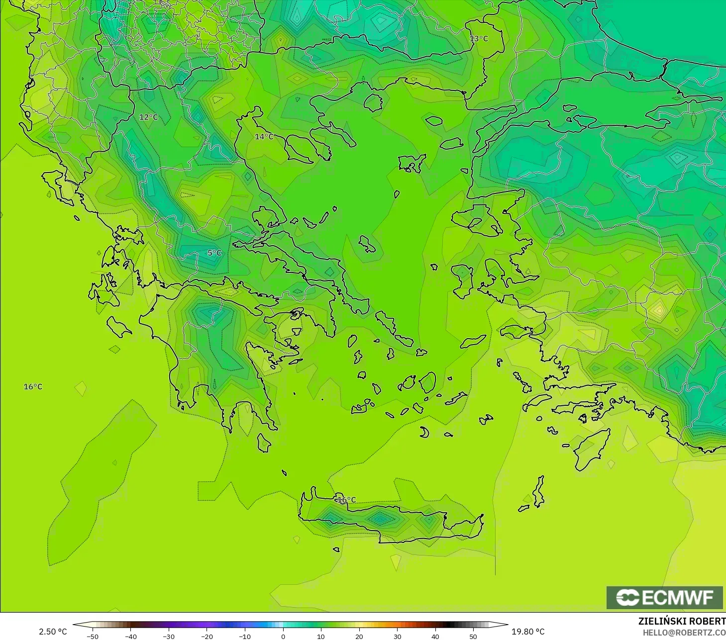 ECMWF IFS 0.25° model - Yunanistan, 2 m Sıcaklık