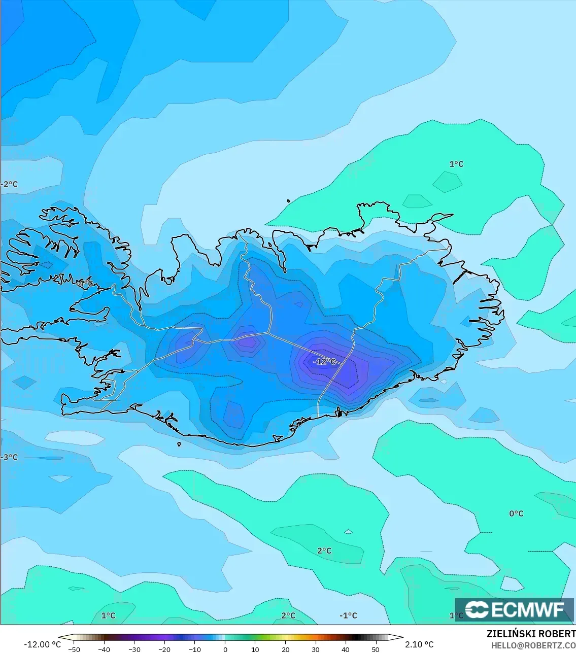 ECMWF IFS 0.25° model - İzlanda, 2 m Çiy Noktası
