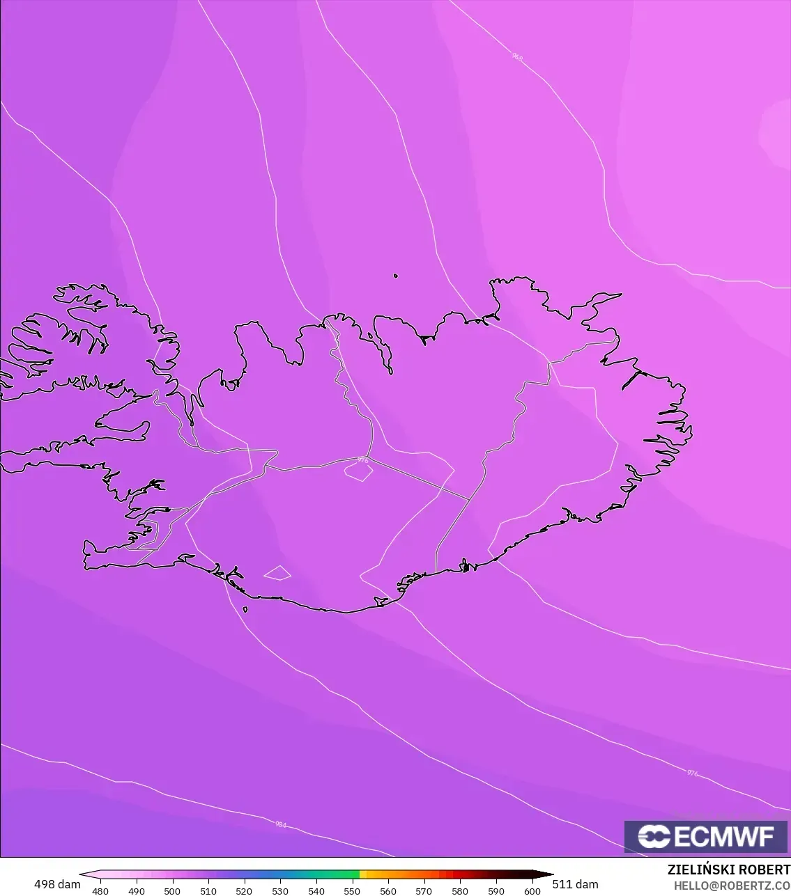 ECMWF IFS 0.25° model - İzlanda, 500 hPa’da jeopotansiyel yükseklik