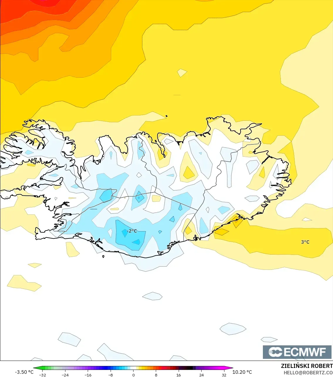 ECMWF IFS 0.25° model - İzlanda, 2 m Sıcaklık Anomalisi